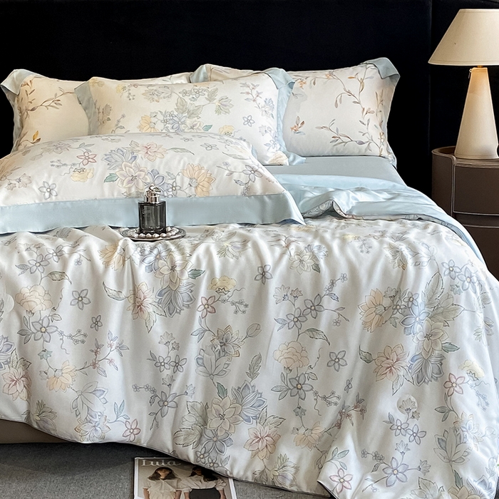 91家纺网 家纺一手货源 找家纺 （总）2025春夏新款简奢款嵌绳莱赛尔数码印花夏被四件套单夏被床笠床单款