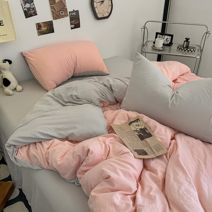 91家纺网 家纺一手货源 找家纺 耀达家居 2025新款纯色A类水洗棉双拼四件套 芭蕾灰粉