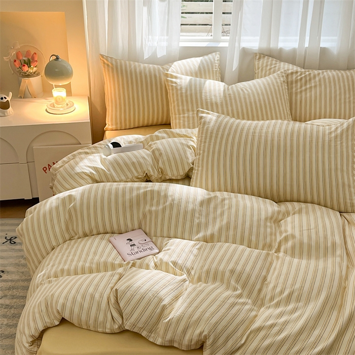 91家纺网 家纺一手货源 找家纺 盛秋家纺 2025新款亲肤格子水洗棉条纹格子四件套【简约风】芝士条纹+云初黄