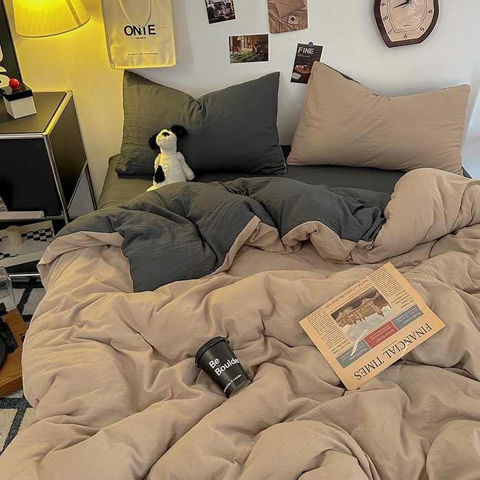 91家纺网 家纺一手货源 找家纺 耀达家居 2025新款纯色A类水洗棉双拼四件套 奶茶灰