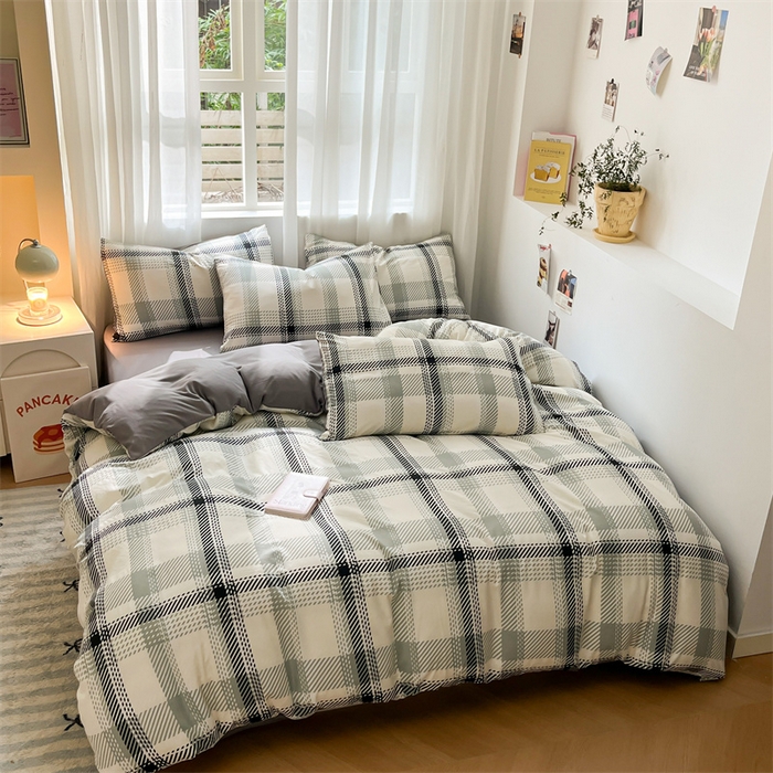 91家纺网 家纺一手货源 找家纺 盛秋家纺 2025新款亲肤格子水洗棉条纹格子四件套【简约风】格瑞斯+中灰