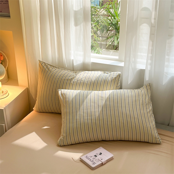 91家纺网 家纺一手货源 找家纺 盛秋家纺 2025新款亲肤格子水洗棉条纹格子四件套【简约风】泡芙黄+奶茶