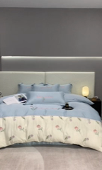 91家纺网 家纺一手货源 找家纺 2025新款天丝双拼刺绣四件套-卡骆驰 天空蓝