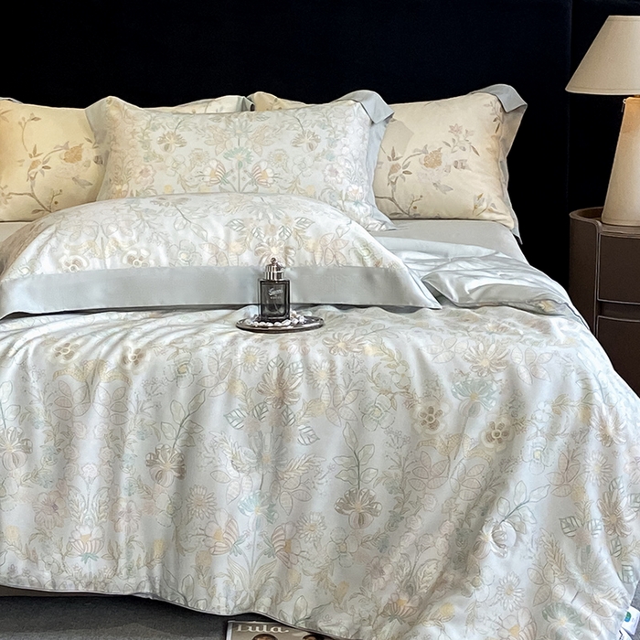 91家纺网 家纺一手货源 找家纺 2025春夏新款简奢款嵌绳莱赛尔数码印花夏被四件套单夏被床笠床单款 素瑾 绿