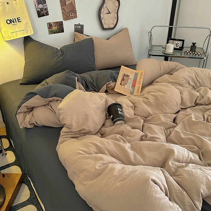 91家纺网 家纺一手货源 找家纺 耀达家居 2025新款纯色A类水洗棉双拼四件套 奶茶灰