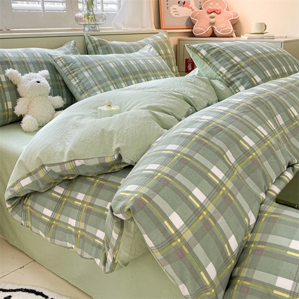盛秋家纺 2025新款亲肤格子水洗棉条纹格子四件套【简约风】伯曼+灰绿