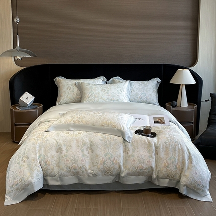 2025春夏新款简奢款嵌绳莱赛尔数码印花四件套单夏被床笠床单款 素瑾 绿