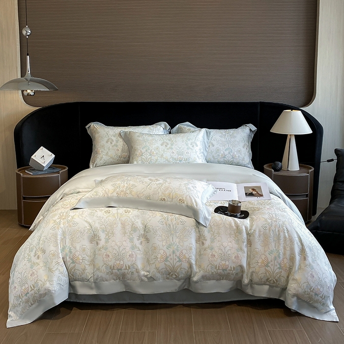 91家纺网 家纺一手货源 找家纺 2025春夏新款简奢款嵌绳莱赛尔数码印花四件套单夏被床笠床单款 素瑾 绿