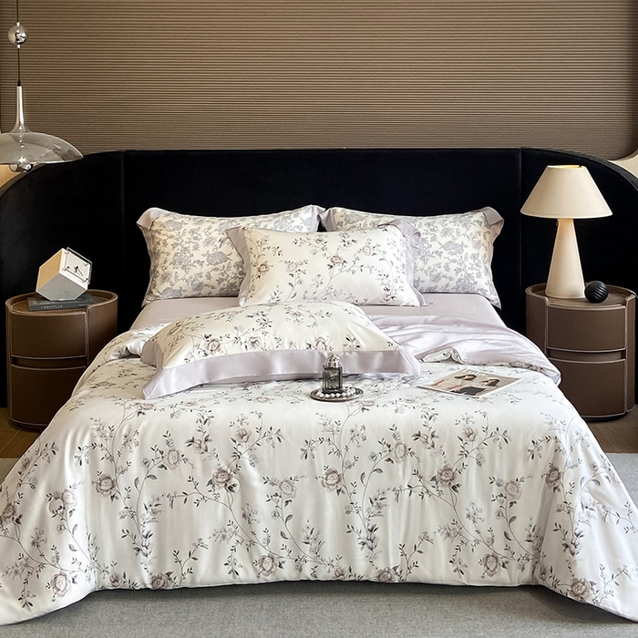 91家纺网 家纺一手货源 找家纺 2025春夏新款简奢款嵌绳莱赛尔数码印花夏被四件套单夏被床笠床单款 情依