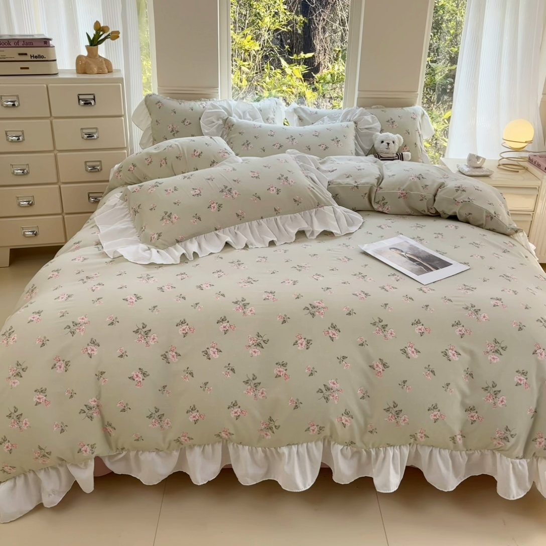 91家纺网 家纺一手货源 找家纺 （总）慕希2025新款有氧针织棉双层纱韩版提花大花边公主风印花四件套