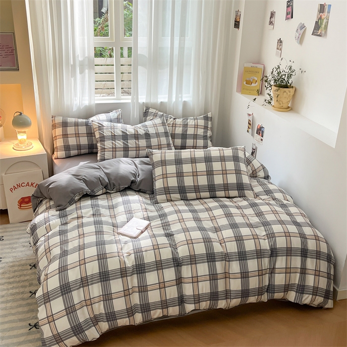 91家纺网 家纺一手货源 找家纺 盛秋家纺 2025新款亲肤格子水洗棉条纹格子四件套【简约风】瑞克+中灰