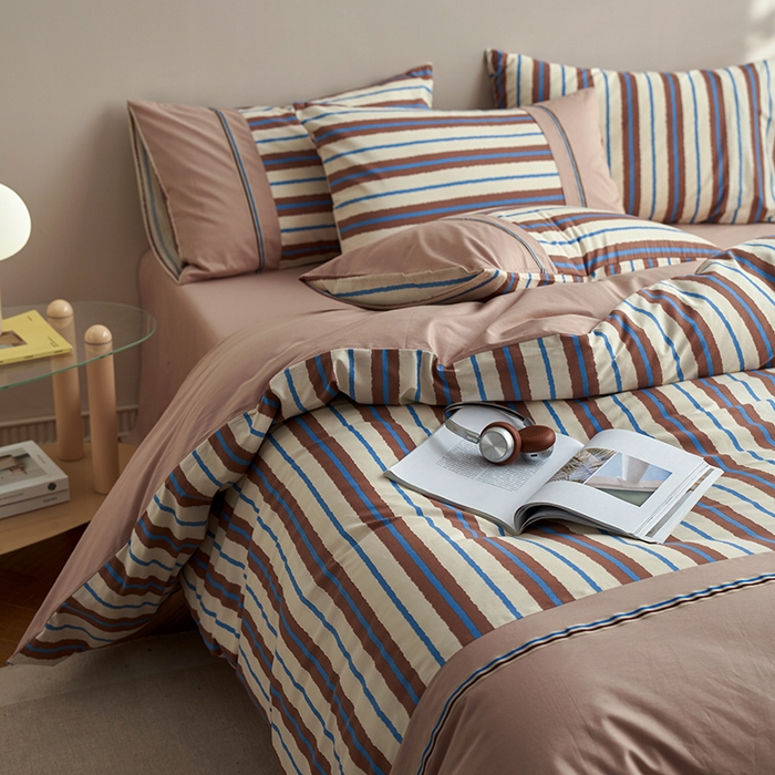 91家纺网 家纺一手货源 找家纺 安莱生活 2025新款全棉日式侘寂风条格系列四件套 咖时