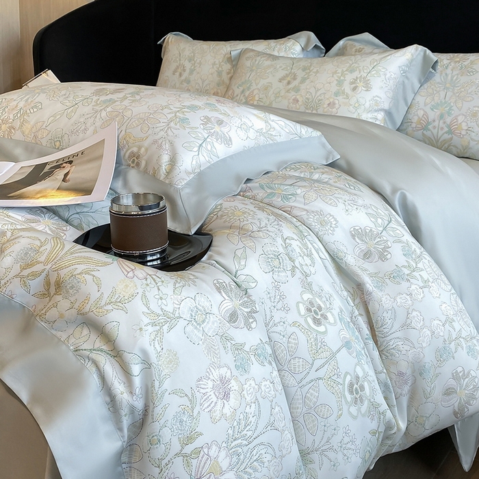 91家纺网 家纺一手货源 找家纺 2025春夏新款简奢款嵌绳莱赛尔数码印花四件套单夏被床笠床单款 素瑾 绿