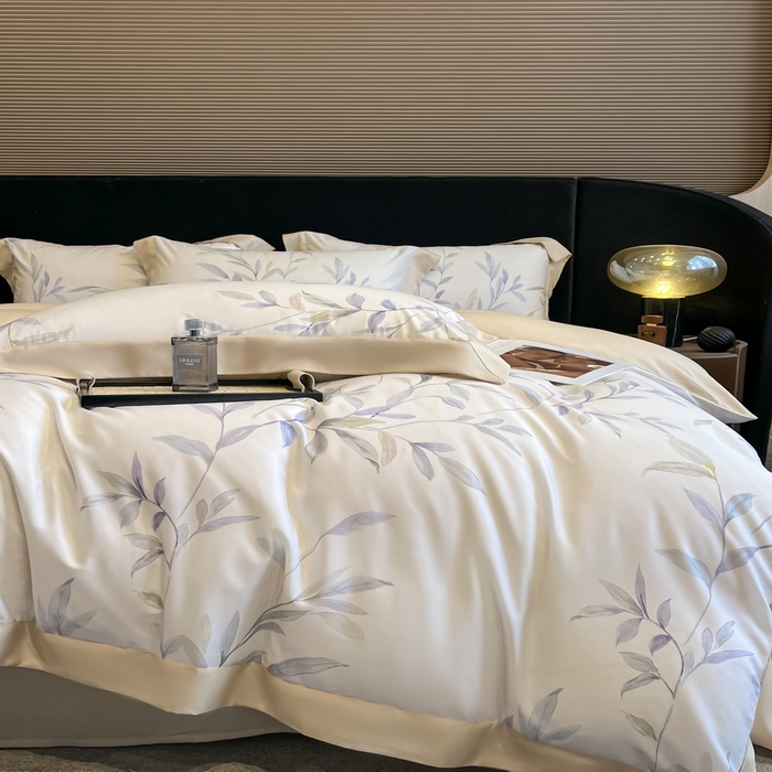 91家纺网 家纺一手货源 找家纺 2025春夏新款简奢款嵌绳莱赛尔数码印花四件套单夏被床笠床单款 春晓雨梦