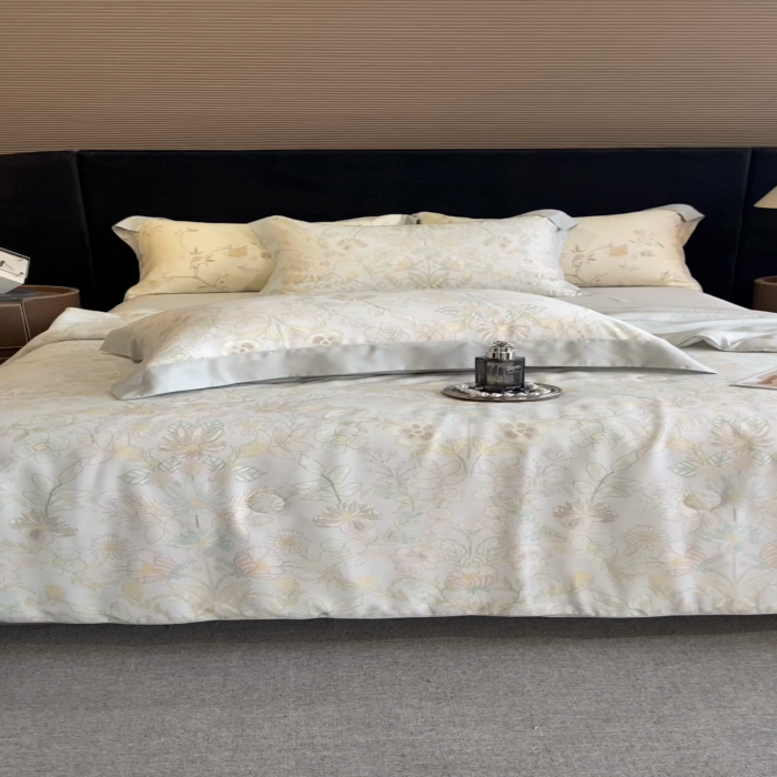 91家纺网 家纺一手货源 找家纺 2025春夏新款简奢款嵌绳莱赛尔数码印花夏被四件套单夏被床笠床单款 春旭恋曲