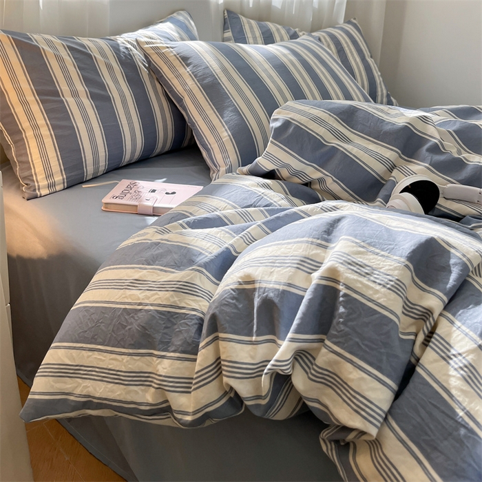 91家纺网 家纺一手货源 找家纺 盛秋家纺 2025新款亲肤格子水洗棉条纹格子四件套【简约风】蓝灰中条+海清