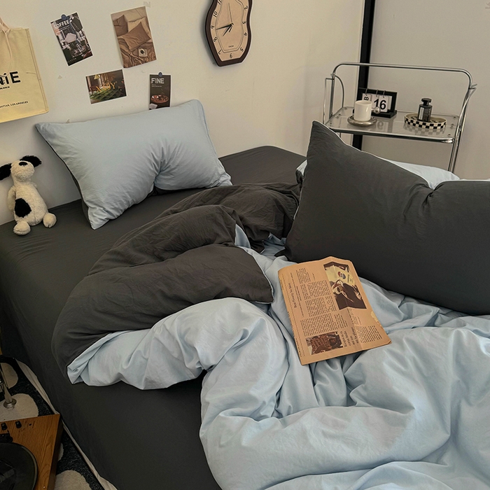 91家纺网 家纺一手货源 找家纺 耀达家居 2025新款纯色A类水洗棉双拼四件套 海盐蓝灰