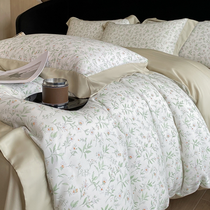 91家纺网 家纺一手货源 找家纺 2025春夏新款简奢款嵌绳莱赛尔数码印花四件套单夏被床笠床单款 漫语佳人 米