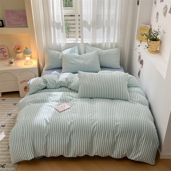 91家纺网 家纺一手货源 找家纺 盛秋家纺 2025新款亲肤格子水洗棉条纹格子四件套【简约风】莫拉绿+海清