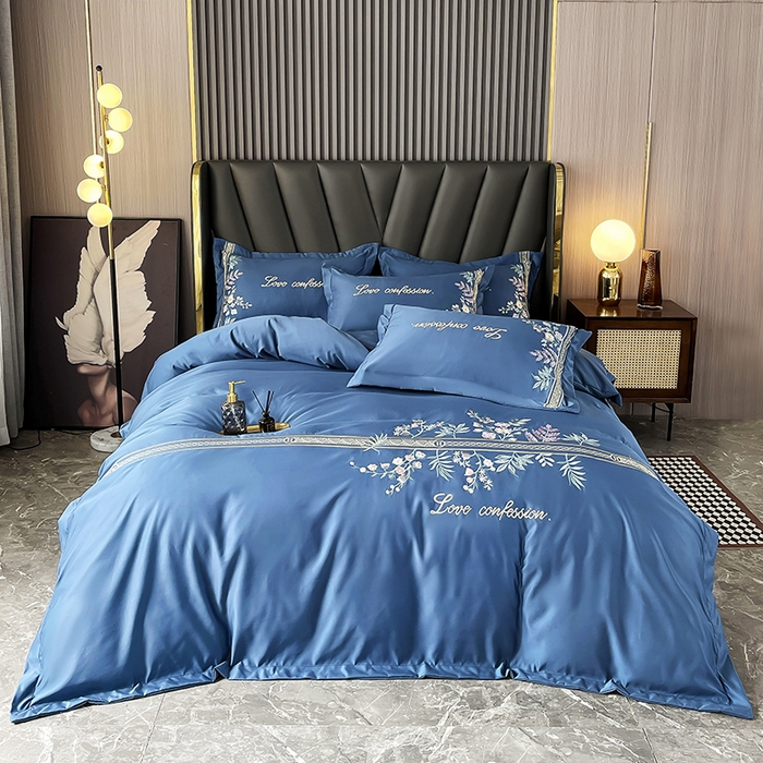 91家纺网 家纺一手货源 找家纺 2025春夏新款轻奢刺绣贡缎冰丝天丝棉四件套-华尔兹系列 华尔兹-钻石蓝