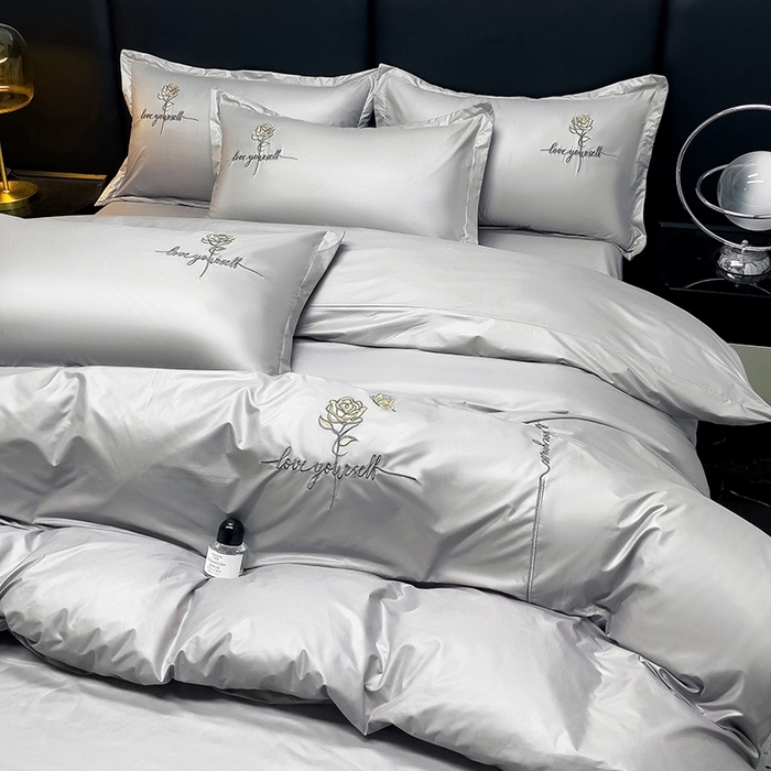 91家纺网 家纺一手货源 找家纺 2025春夏新款春夏新品水洗天丝棉轻奢刺绣四件套-芸伊 灰