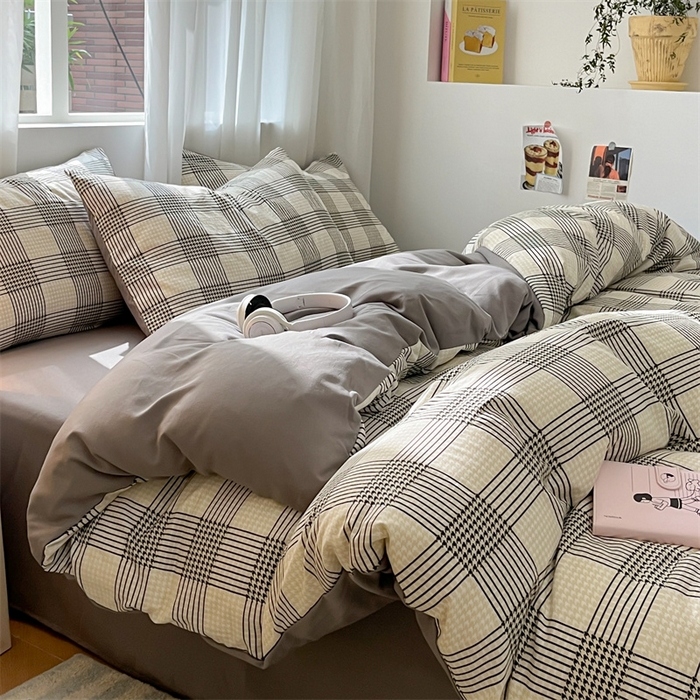 91家纺网 家纺一手货源 找家纺 盛秋家纺 2025新款亲肤格子水洗棉条纹格子四件套【简约风】罗格+中灰