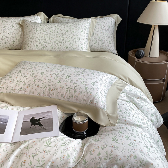 91家纺网 家纺一手货源 找家纺 2025春夏新款简奢款嵌绳莱赛尔数码印花四件套单夏被床笠床单款 漫语佳人 米