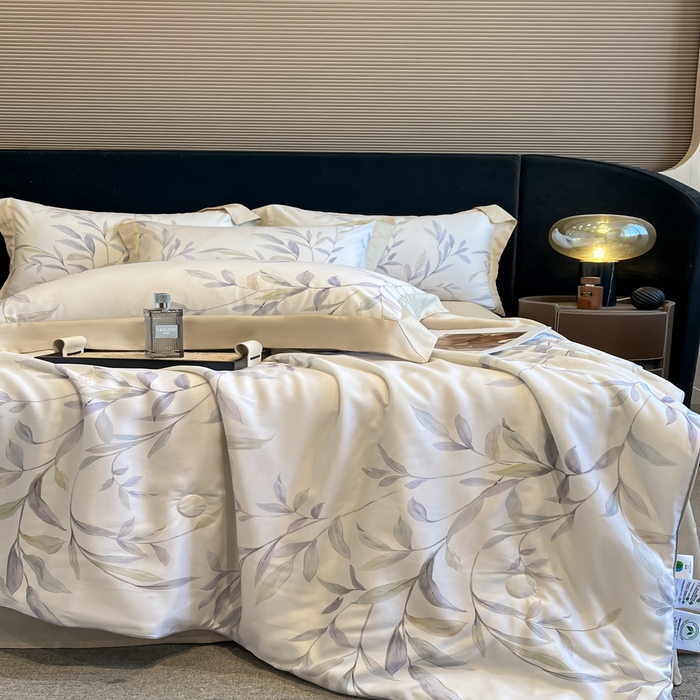 91家纺网 家纺一手货源 找家纺 2025春夏新款简奢款嵌绳莱赛尔数码印花夏被四件套单夏被床笠床单款 春晓雨梦