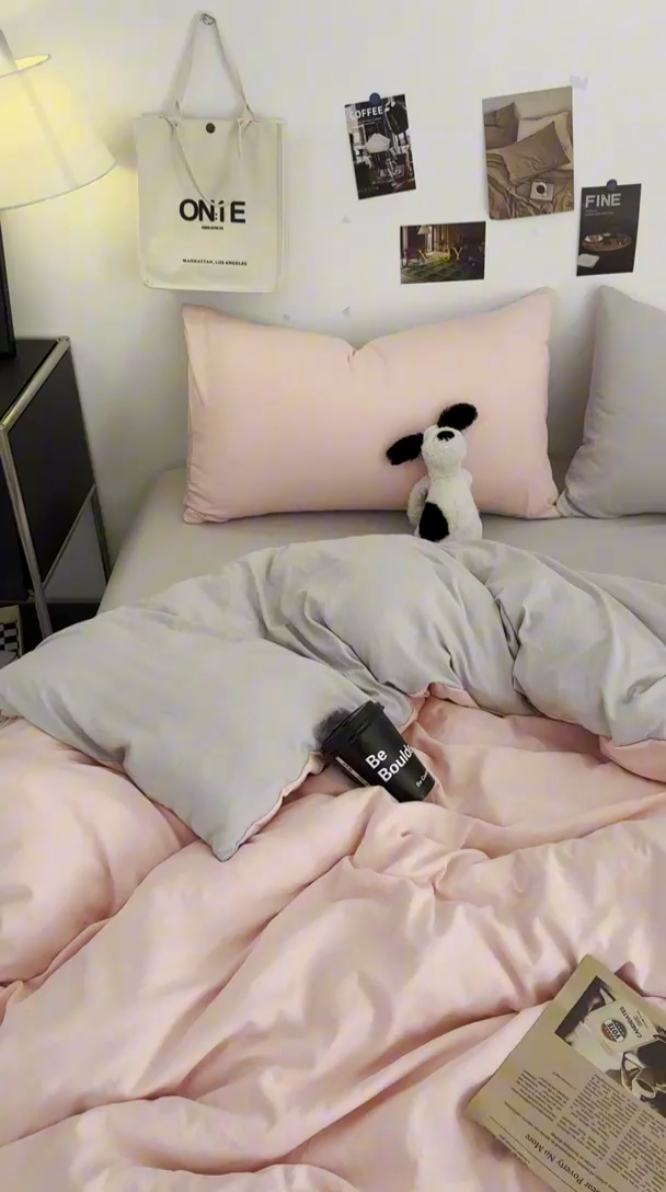 91家纺网 家纺一手货源 找家纺 耀达家居 2025新款纯色A类水洗棉双拼四件套 芭蕾灰粉