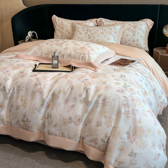 91家纺网 家纺一手货源 找家纺 2025春夏新款简奢款嵌绳莱赛尔数码印花四件套单夏被床笠床单款 念池-粉 