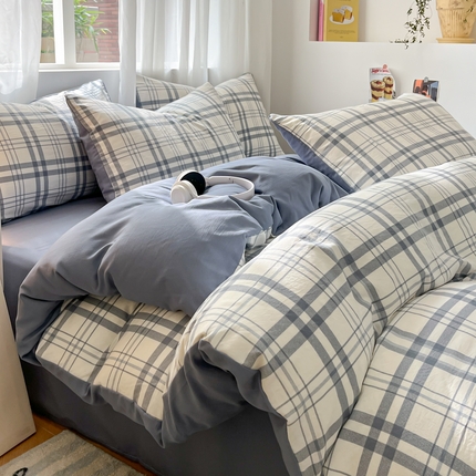 91家纺网 家纺一手货源 找家纺 （总）盛秋家纺 2025新款亲肤格子水洗棉条纹格子四件套【简约风】