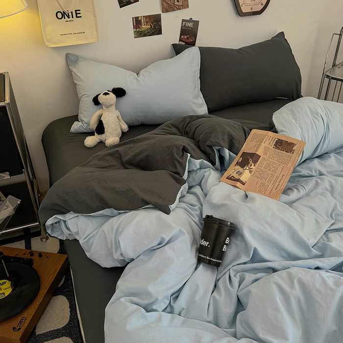 91家纺网 家纺一手货源 找家纺 耀达家居 2025新款纯色A类水洗棉双拼四件套 海盐蓝灰