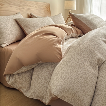 莱茵家居 2025春夏新款A类三层纱色织提花全棉四件套 絮语咖