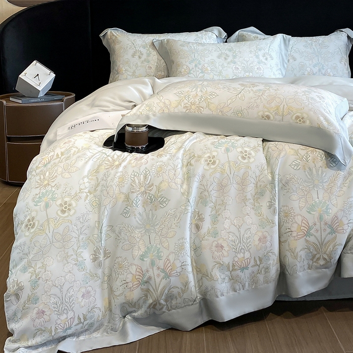 91家纺网 家纺一手货源 找家纺 2025春夏新款简奢款嵌绳莱赛尔数码印花四件套单夏被床笠床单款 素瑾 绿