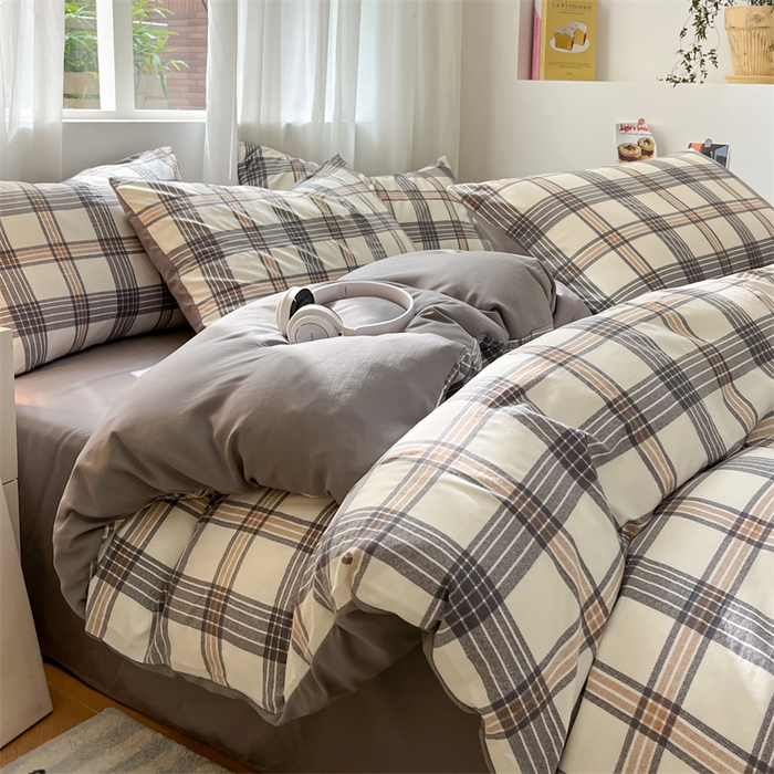 91家纺网 家纺一手货源 找家纺 盛秋家纺 2025新款亲肤格子水洗棉条纹格子四件套【简约风】瑞克+中灰