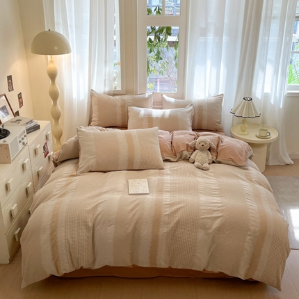 莱茵家居 2025春夏新款A类色织华夫格提花全棉四件套 落雨-咖白条
