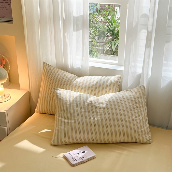 91家纺网 家纺一手货源 找家纺 盛秋家纺 2025新款亲肤格子水洗棉条纹格子四件套【简约风】芝士条纹+云初黄