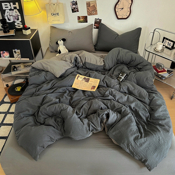 91家纺网 家纺一手货源 找家纺 耀达家居 2025新款纯色A类水洗棉双拼四件套 经典灰