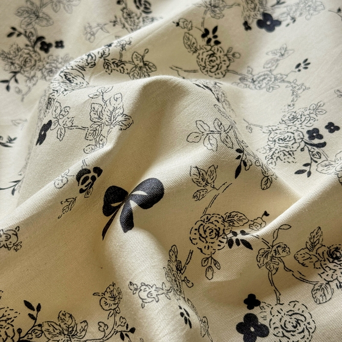 91家纺网 家纺一手货源 找家纺 宅家居 2025新款爆款轻法式赫本风复古印花13372纯棉四件套韩式黑色花边40支全棉三件套 蝴蝶结