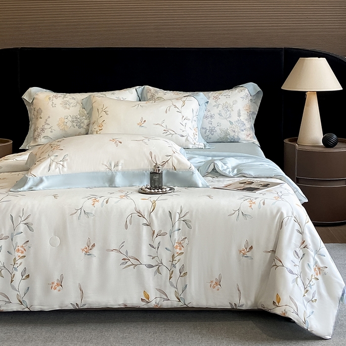 91家纺网 家纺一手货源 找家纺 2025春夏新款简奢款嵌绳莱赛尔数码印花夏被四件套单夏被床笠床单款 清雅 