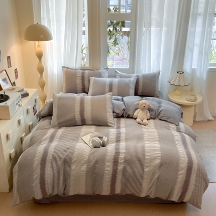 莱茵家居 2025春夏新款A类色织华夫格提花全棉四件套 落雨-灰白条
