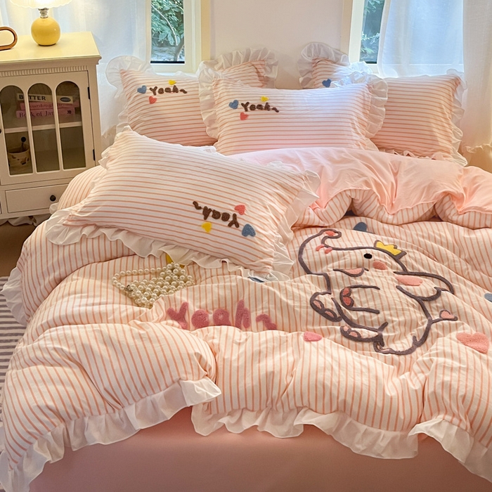 91家纺网 家纺一手货源 找家纺 （总）泉欣家纺 2025新品韩系网红水洗棉卡通毛巾绣花小象考拉系列四件套（专版花型）