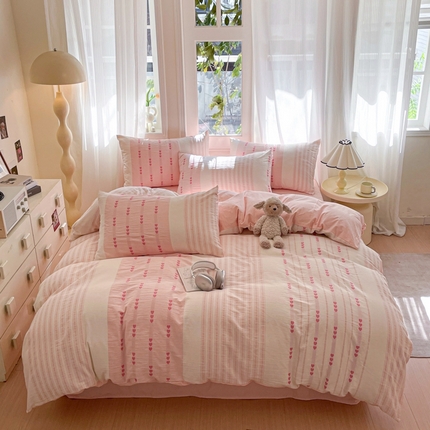 莱茵家居 2025春夏新款A类色织华夫格提花全棉四件套 画心-浅粉色