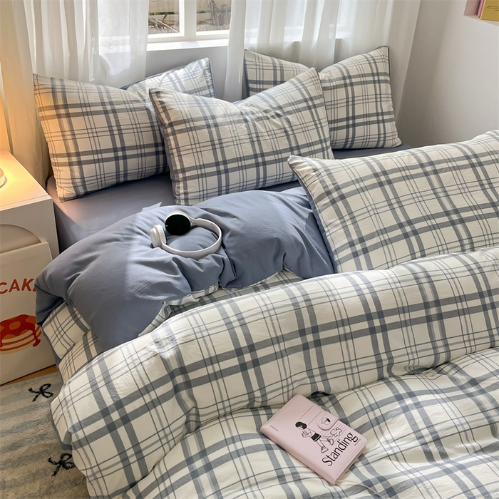 91家纺网 家纺一手货源 找家纺 盛秋家纺 2025新款亲肤格子水洗棉条纹格子四件套【简约风】蓝调+海清