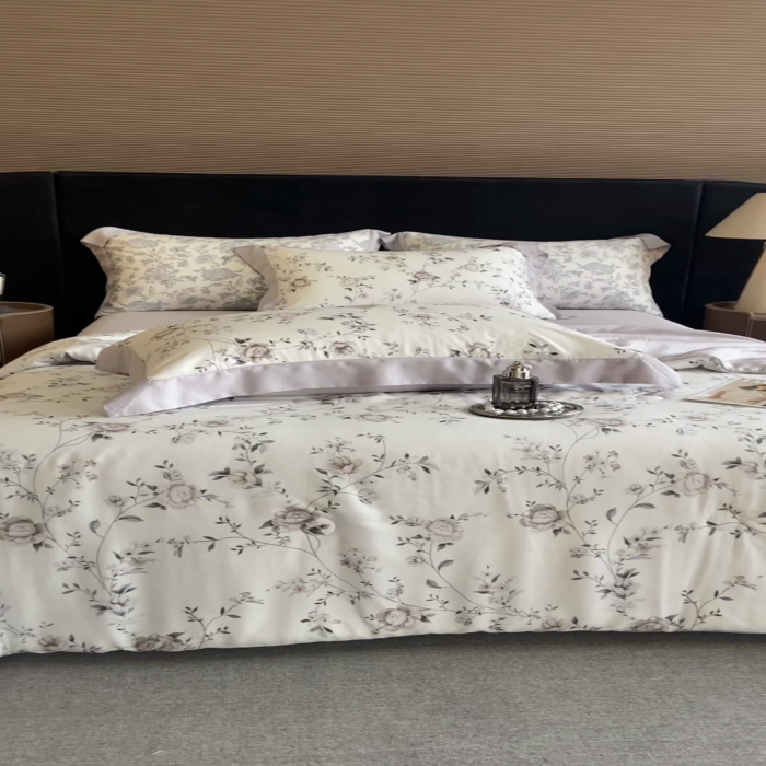 91家纺网 家纺一手货源 找家纺 2025春夏新款简奢款嵌绳莱赛尔数码印花夏被四件套单夏被床笠床单款 情依