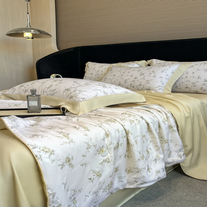 91家纺网 家纺一手货源 找家纺 2025春夏新款简奢款嵌绳莱赛尔数码印花夏被四件套单夏被床笠床单款 云芷