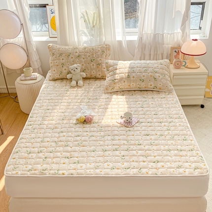 鸣升家纺 2025新款全棉印花床垫 伊莲恩-咖