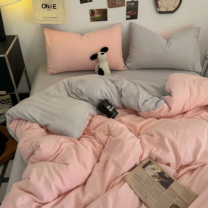 91家纺网 家纺一手货源 找家纺 耀达家居 2025新款纯色A类水洗棉双拼四件套 芭蕾灰粉