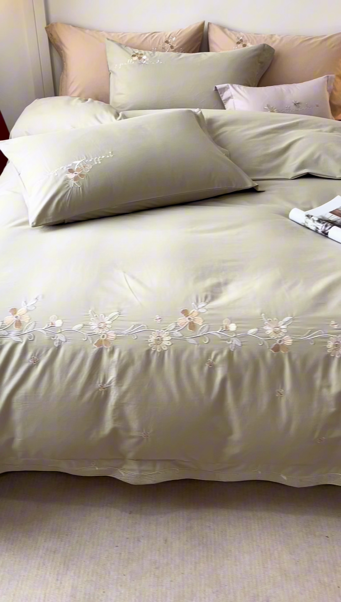 91家纺网 家纺一手货源 找家纺 艾莱家纺 2025新款A类水洗棉加厚绣花四件套-栀夏 栀夏-暮光绿