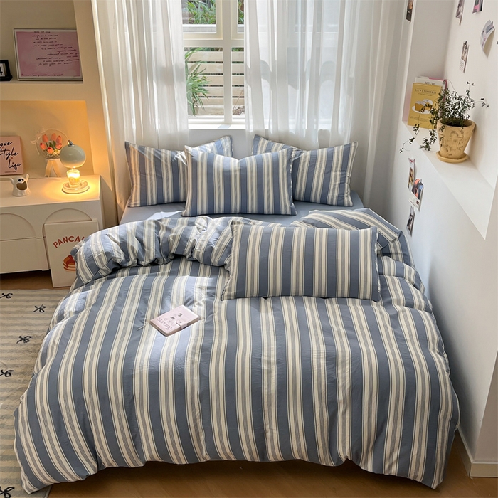 91家纺网 家纺一手货源 找家纺 盛秋家纺 2025新款亲肤格子水洗棉条纹格子四件套【简约风】蓝灰中条+海清